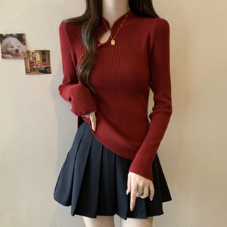 中國風上衣女 新中式國風盤扣輕奢設計感套頭顯瘦氣質百搭秋冬打底純色長袖上衣 新中式上衣 長袖打底衫女 春秋國風保暖長袖t