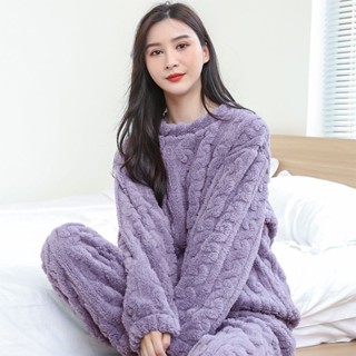 【臺灣出貨】秋冬珊瑚絨睡衣女 加絨加厚保暖簡約純色睡衣 網紅新款套裝 大碼冬法蘭絨家居服