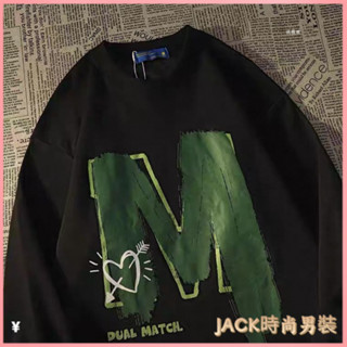 JACK-大尺碼男裝 長袖T恤男 t恤 打底衫 秋款上衣 100%純棉美潮複古高街hiphop長袖T恤男女寬鬆ins慵懶