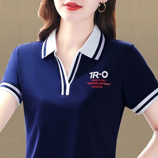 【夏季熱賣】短袖T恤女 韓版Polo翻領上衣 媽媽裝大碼寬鬆設計 時尚洋氣體恤 運動休閒風 舒適透氣 翻領T恤 休閑上衣