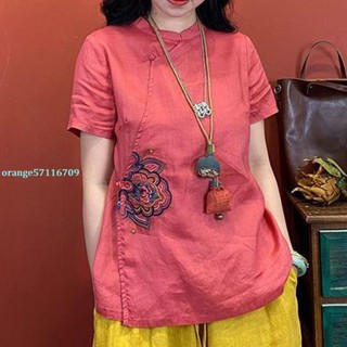 新品熱銷復古唐裝斜襟刺繡短袖上衣女夏裝新款民族風立領寬鬆薄款棉麻襯衫C位