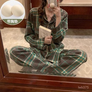 🔆小甜甜日係美衣👙 韓國ins磨毛格子秋冬加厚複古格紋睡衣女帶胸墊兩件套家居服套裝 ND9I