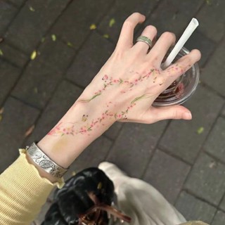 蝸居生活館🔆紋身貼紙 爆款桃花蝴蝶彩色紋身貼持久防水ins可愛酷潮少女手腕手背可水洗 果膠紋身 草本紋身貼