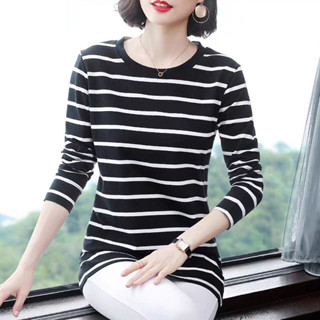 長袖t恤女條紋打底衫春秋2024年新款大碼女裝寬松中長款上衣胖mm