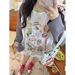 miss 小姐 100%純棉秋季爆款印花袖口刺繡卡通長袖inst恤女寬松拼接撞色上衣