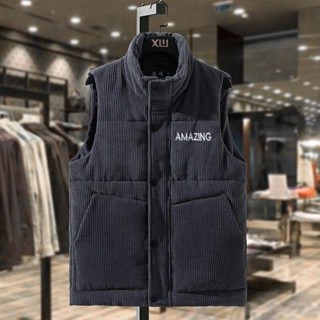 YLIE 羽絨服馬甲 馬甲背心 羽絨背心馬甲男秋冬季外套韓版潮流燈芯絨帥氣休閑羽絨棉保暖坎肩百搭背心