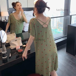兩小無蔡👑吊帶性感睡衣女情趣內衣居家服大尺碼150公斤短袖圓領印花睡裙女 睡裙女夏季韓版性感睡衣女中長款短袖露背純色裙