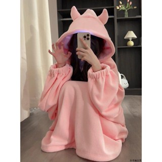 【桃園新品】可愛小惡魔連帽珊瑚絨睡袍冬季女款新款睡衣甜美大碼加厚冬天 睡袍 居家服 保暖睡衣