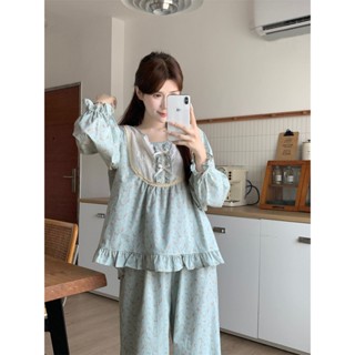 新店優惠 少女甜美 日係可愛 家居服 睡衣女春秋季新款長袖長褲學生少女甜美公主風蕾絲碎花家居服套裝