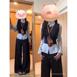 點心喵 森林系 日系森林系 日系 日系女裝 日系疊穿 學院風套裝2024秋季韓系外搭短款馬甲背心疊穿格子襯衫兩件套