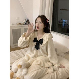 新店優惠 加絨加厚 保暖套裝 外穿 加厚珊瑚絨秋冬季睡衣女宮廷公主風可愛甜美毛絨絨家居服套裝外穿