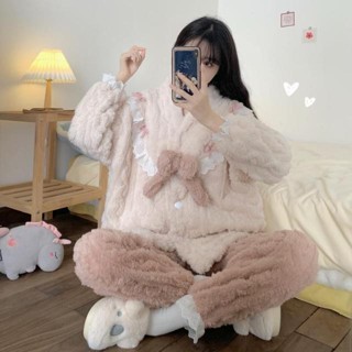 新店優惠 加絨加厚 保暖套裝 外穿 珊瑚絨加厚加絨可愛睡衣女2023年冬季新款毛絨絨家居服學生套裝冬
