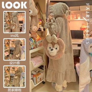 新店優惠 加絨加厚 冬季睡衣 可外穿 珊瑚絨睡衣女冬季加厚網紅ins睡袍巫師帽連帽睡裙少女浴袍家居服