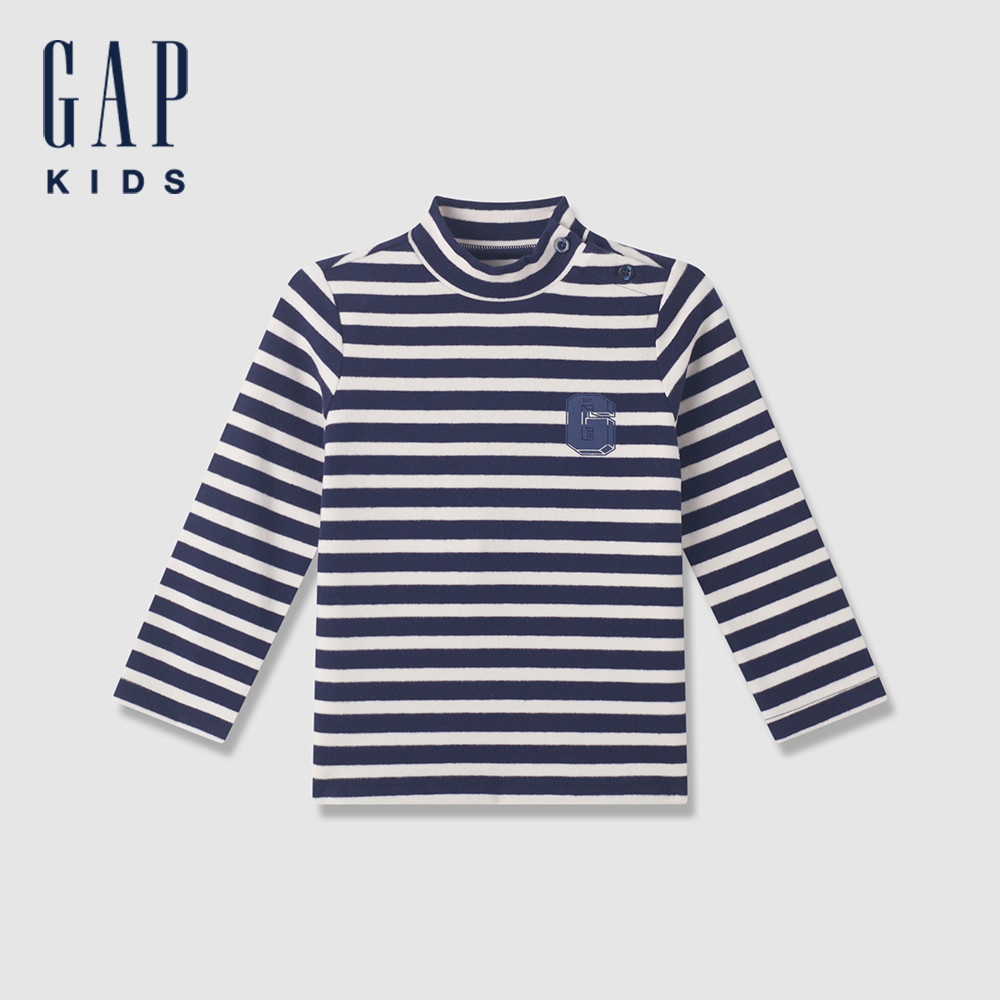 Gap 兒童裝 Logo印花立領長袖T恤(1-14歲)-海軍藍條紋(612731)