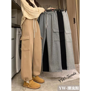 【YW】高腰百搭工裝褲女 秋冬季加絨加厚美式休閒褲女 寬鬆顯瘦長褲 女生長褲 女裝