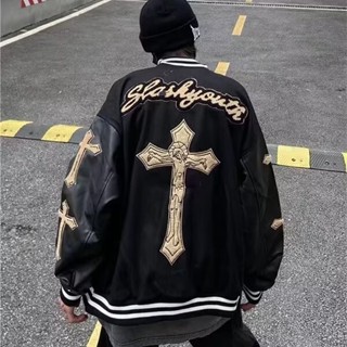 美式高街十字架毛巾刺繡棒球服男 春秋季新款 ins潮牌 復古 街頭 嘻哈 百搭 寬鬆 夾克外套（XCXX24）【壹號站】