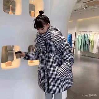 白鴨絨羽絨服女冬潮年新款寬鬆中長版學生韓版格子撞色麵包服 白鴨絨 保暖 防寒 羽絨外套連帽1101 Y12Q