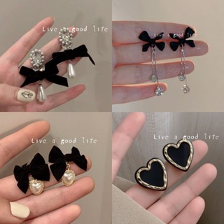 【免運新品】【搭配洋裝】複古小香風耳釘~黑色絲絨蝴蝶結耳環女氣質法式桃心珍珠耳飾