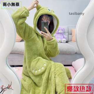 兩小無蔡👑80公斤可穿 大尺碼 秋冬套裝 睡衣女 加絨加厚中長款浴袍法蘭絨卡通大眼仔睡袍珊瑚絨睡衣女套裝 潮