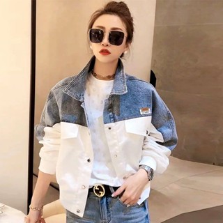 機車牛仔外套女2023春秋新款抖音爆款牛仔衣韓版寬鬆拚接夾剋上衣BOWT#~