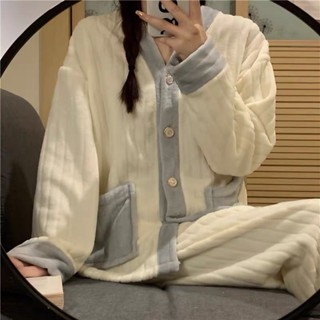 【居家睡衣】法蘭絨睡衣女秋冬季加絨加厚學生可愛可外穿珊瑚絨長袖家居服套裝