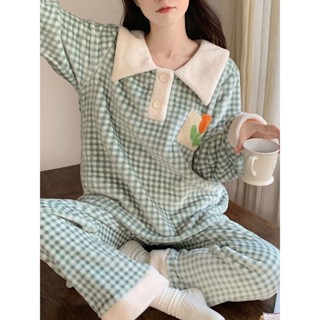 冬季 居家服 睡衣 甜美小桔花格子秋冬季珊瑚絨睡衣女可愛日系長袖法蘭絨套裝居家服