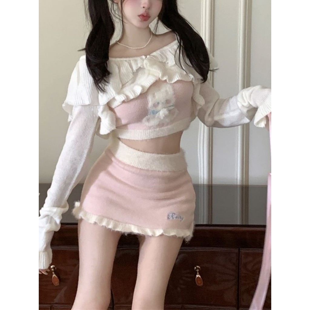 【臺灣出貨】【爆款新品】少女 奶兔乖乖 秋冬女裝新款粉色毛針織衫吊帶包臀半裙套裝女椰子