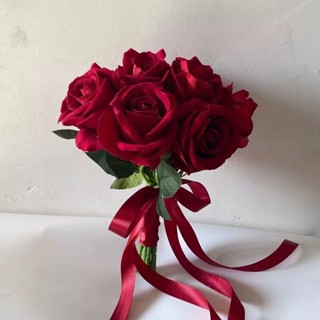 ★BY65★【玫瑰花球手捧花】酒紅色珍珠流蘇水晶閃喜慶新娘結婚禮攝影道具