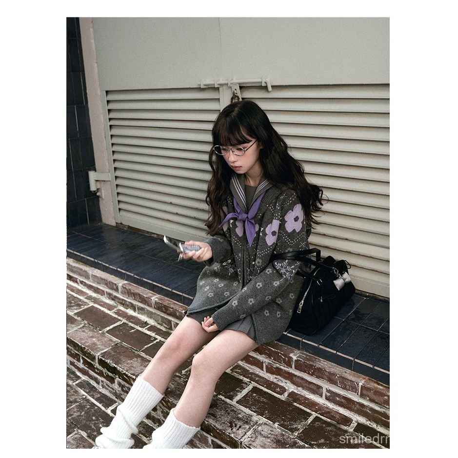 【砂糖の時光】梗豆kyouko原創灰紫費爾島毛衣女學院冬季寬鬆百搭針織