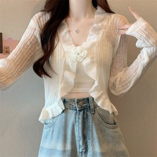 coco小姐✨木耳邊 花朵 冰絲 防曬 針織 開衫 女薄款 秋季 披肩 外搭配吊帶 空調衫 上衣
