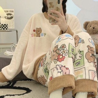 【臺灣出貨】保暖睡衣女 珊瑚絨加絨保暖秋冬季學生 可愛卡通睡衣 長袖法蘭絨家居服