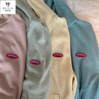 【唯家】L-4XL 秋裝新款 胖mm韓版慵懶風華夫格連帽薄外套女 糖果色 大尺碼女裝 長袖帽T 拉鍊 開衫 外套