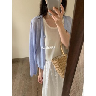 【唯家】實拍實價韓國蝴蝶結刺繡紅色短款針織開衫女夏季薄款外搭冰絲防曬外套披肩上衣