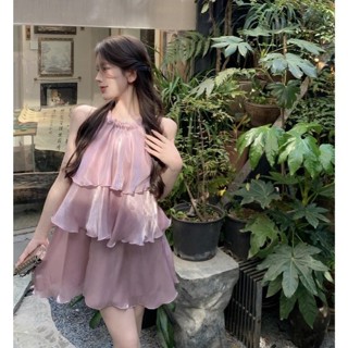 【Britney】韓國女裝洋裝 連身裙 甜辣風 禮服 晚宴服紫色荷葉邊珠光連衣裙女夏季法式掛脖蛋糕短裙氣質露肩顯瘦裙子潮