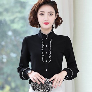 春秋設計感韓版時尚洋氣媽媽裝襯衫女士休閒襯衣女長袖打底衫 娃娃領上衣 時尚媽媽裝 立領上衣 木耳領上衣
