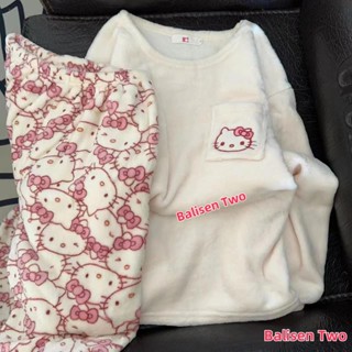 💖限時下剎💖[]KT貓珊瑚絨睡衣冬天 日系可愛貓咪睡衣女 冬季刷毛加厚法蘭絨 卡通家居服 睡衣套裝