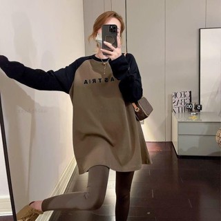 秋季新品🍂大尺碼上衣 長袖T桖 大碼胖mm德絨中長款打底衫 寬松長袖T恤女 秋冬撞色加絨上衣100KG可穿 保暖打底衫