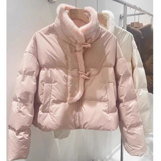 羽絨外套 短版羽絨服女2024年新款拚接立領冬季加厚白鴨絨小個子牛角扣外套 防寒 保暖羽絨服 白鴨絨外套女生1121 U