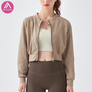 運動瑜伽服羅紋短版外套女雙頭拉鍊露腰夾克速乾緊身顯瘦長袖上衣