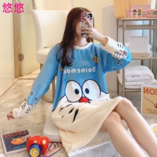 😘悠悠🎀優質~女生大尺碼睡衣裙 冬天學生卡通睡衣 法蘭絨長袖睡衣 秋天加厚寬鬆睡衣 卡通珊瑚絨保暖睡裙 中長版長袖睡