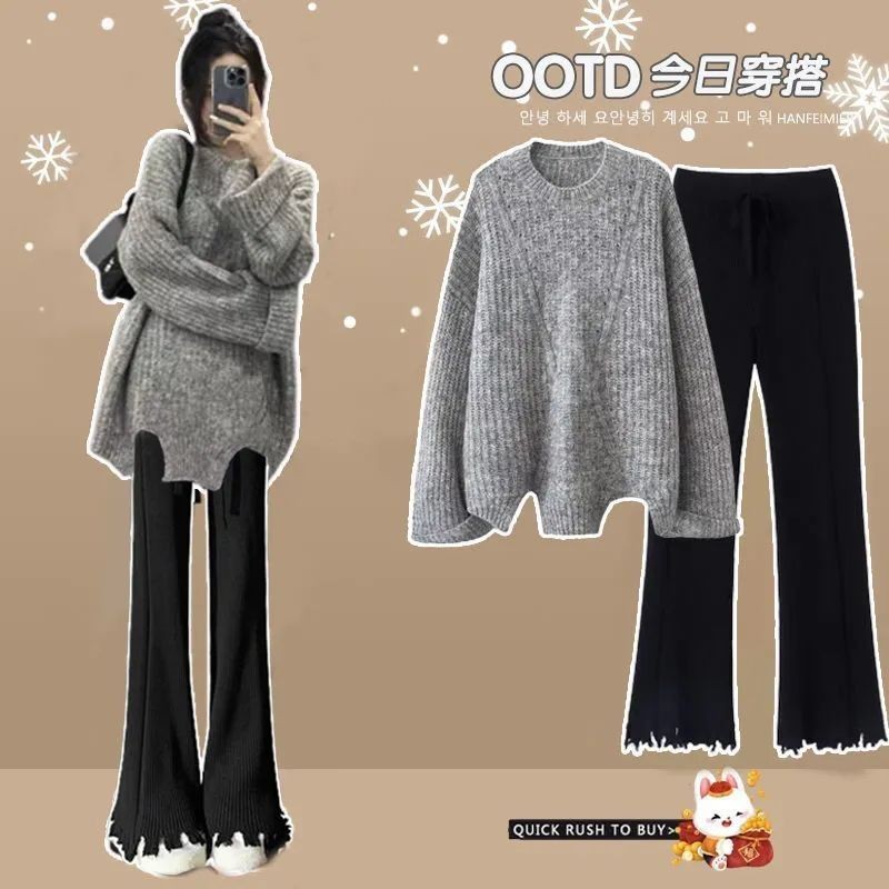WM女裝 秋冬季女裝 女裝兩件式 韓係女裝 針織衫上衣 氣質女裝 時尚女裝大碼女裝冬季套裝女2024新款收腰顯瘦減齡慵懶