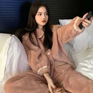 Lam 睡衣睡袍可愛娃娃領睡衣女2022年冬季新款珊瑚絨加厚開衫法蘭絨家居服套裝