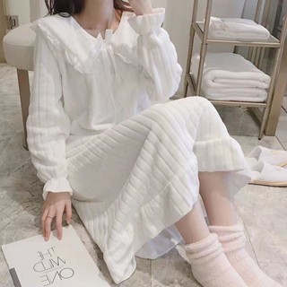 Lam 睡衣睡袍公主風珊瑚絨睡裙女秋冬季法蘭絨加厚加絨長袖中長款甜美睡衣冬天