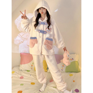 Lam 睡衣 居家服 秋冬季珊瑚絨睡衣女款可愛法蘭絨加厚加絨玲娜貝兒連帽外出家居服