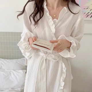 Lam 睡衣 居家服純欲風休閑簡約花苞邊睡袍睡裙睡衣女款春秋季長袖休閑家居服ins