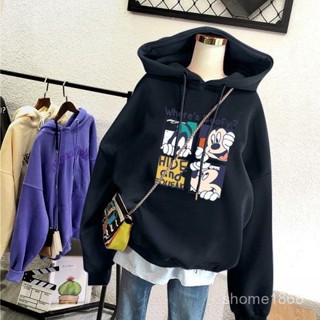 超實惠·買它👉2021年秋冬新款韓版時尚寬鬆大碼加絨加厚上衣卡通米奇連帽 衛衣 大學T 帽T 女 Z4HQ