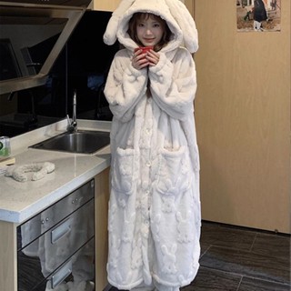 Lam 睡衣 睡袍 卡通睡袍 可愛睡袍冬季新款珊瑚絨可愛兔子提花睡袍女加絨加厚連帽睡衣家居服套裝潮
