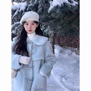 保暖外套 保暖棉服 防風外套冬天外套 牛角扣羊羔毛外套女冬季小個子2024新款高階感加絨中長款毛毛棉衣