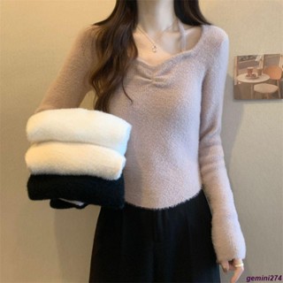 【臺灣出貨】韓版上衣 長袖 t恤女 內搭 針織上衣 打底衫 不規則仿水貂絨打底針織衫女秋冬毛衣2024新款別致配大衣內搭