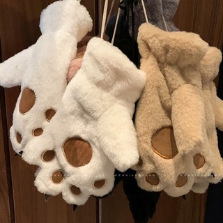 網紅貓爪熊掌手套 男女學生冬季加絨手套卡通可愛熊掌貓爪毛絨手套女掛脖學生加絨加厚防風防寒冬季騎車潮 可愛防寒手套